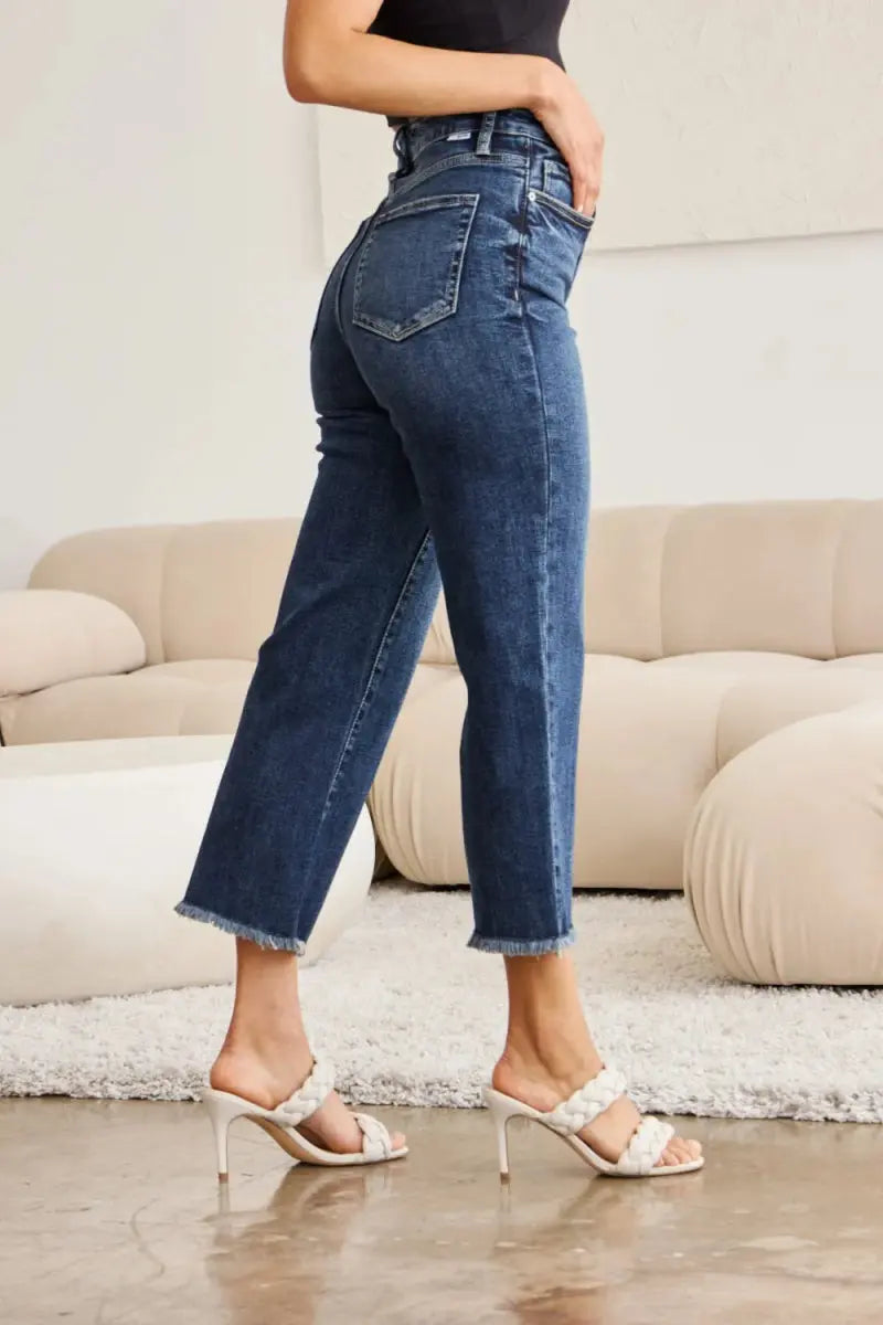 RFM Full Size Tummy Control High Waist Raw Hem Jeans - Love Salve